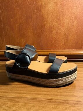 UGG Women's April Espadrille Platform Sandals Black Leather Size 10